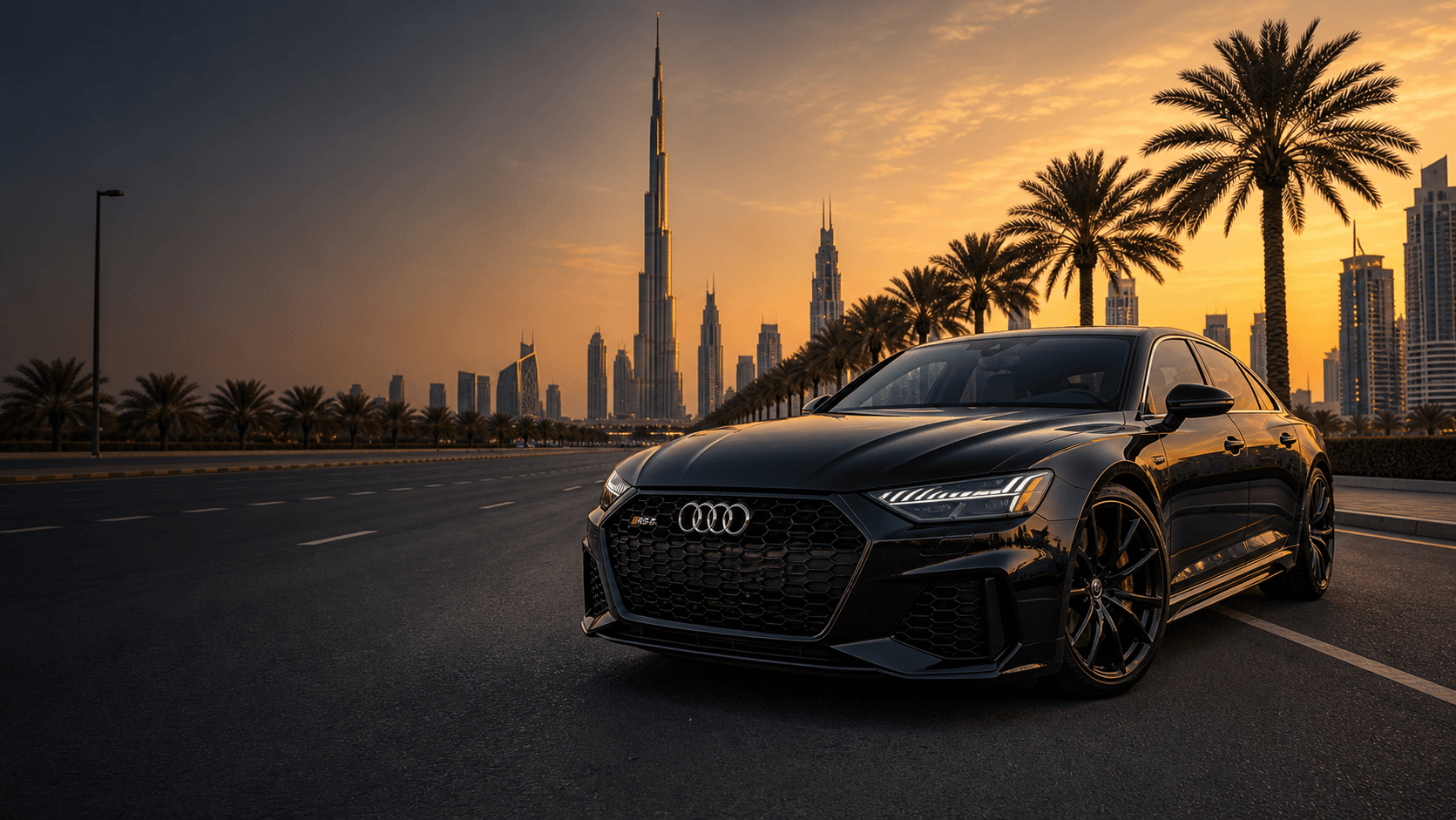 Black Audi sedan with grille emblem on a Dubai boulevard